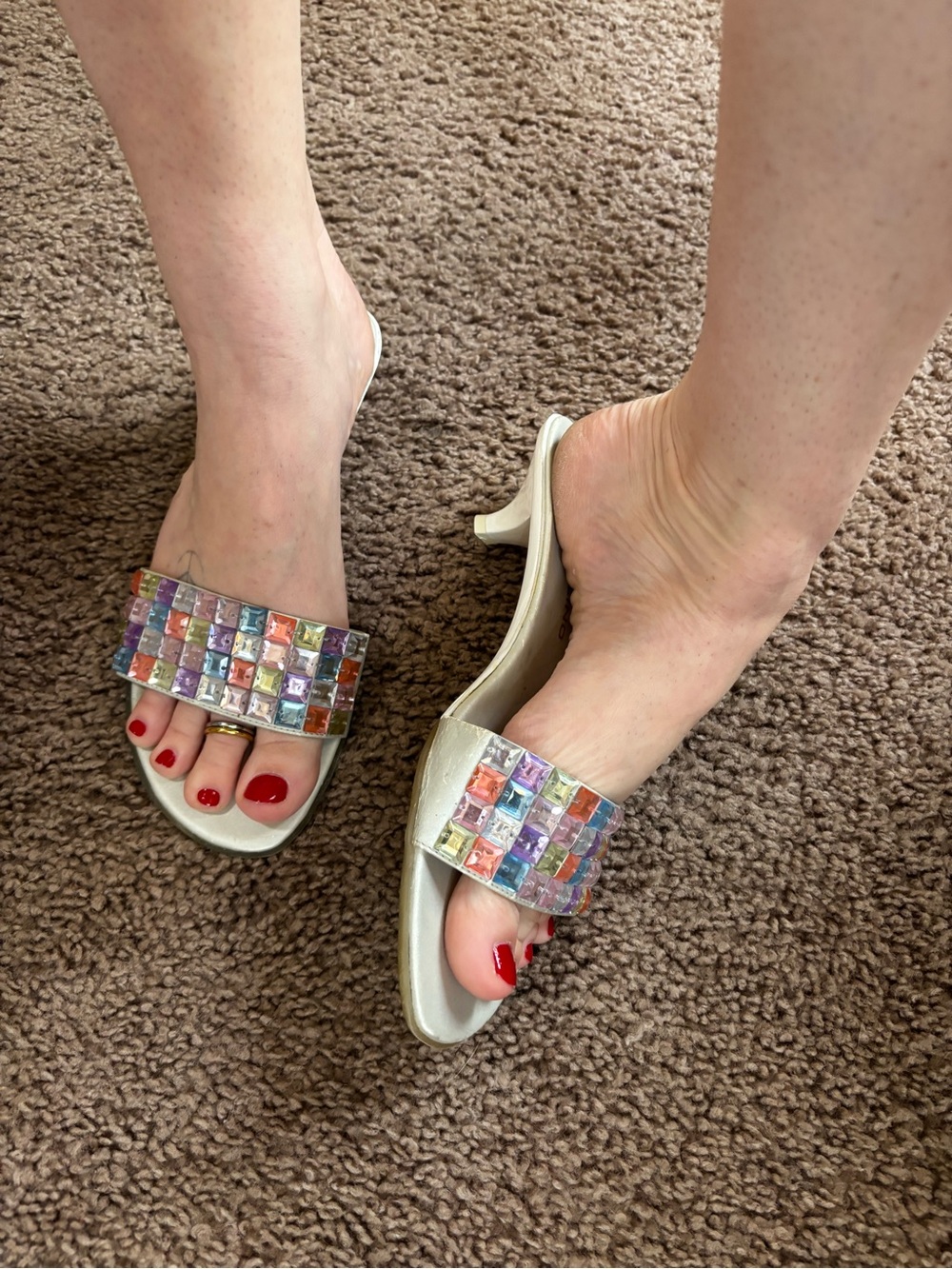 90’s Women’s White Kitten Heels with Multicolor Gem Strap